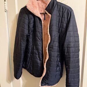 Navy Quilted Jacket with Pink Fleece Lining